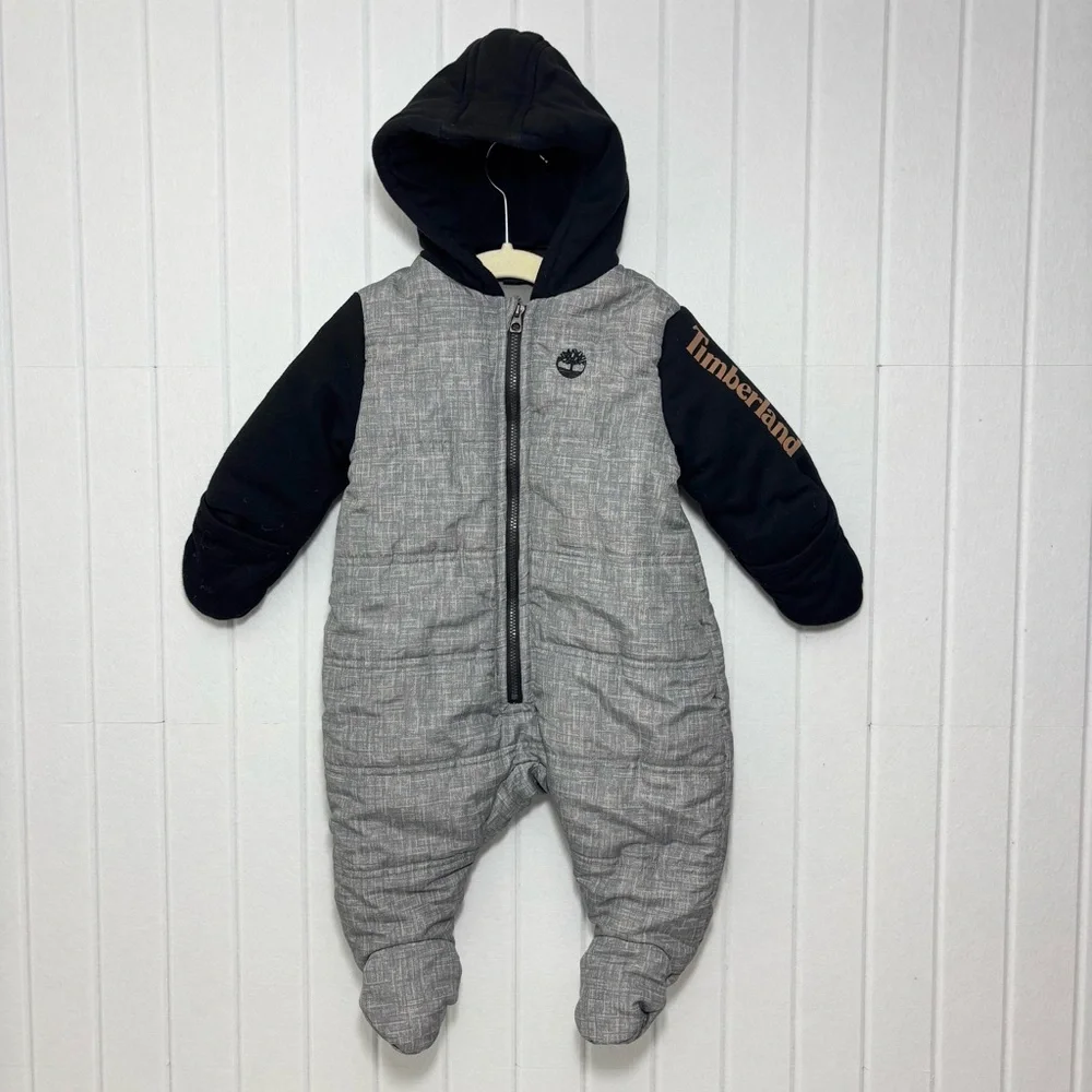 Timberland Gray And Black Quilted Padded Zip Hooded Snowsuit‎ - Size 6/9M